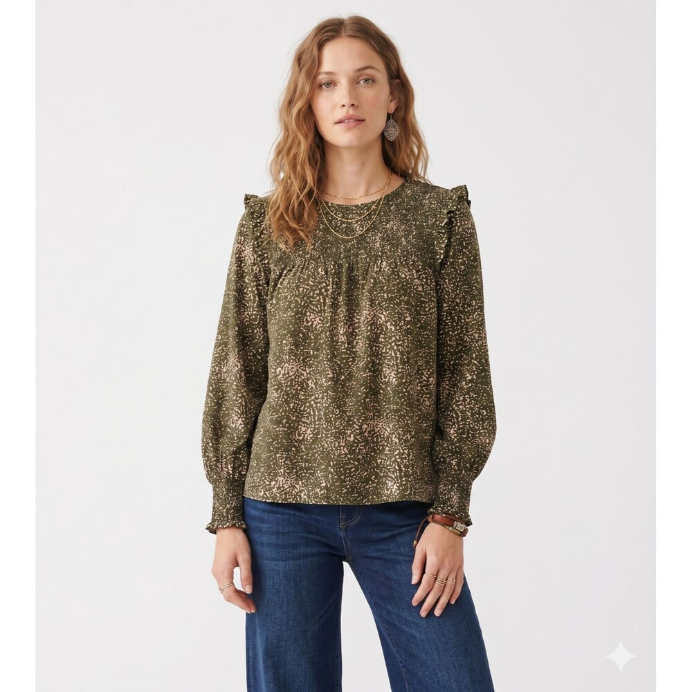 Kori Women's Shirred Nature Print Boho Long Sleeve Tunic Blouse - Small